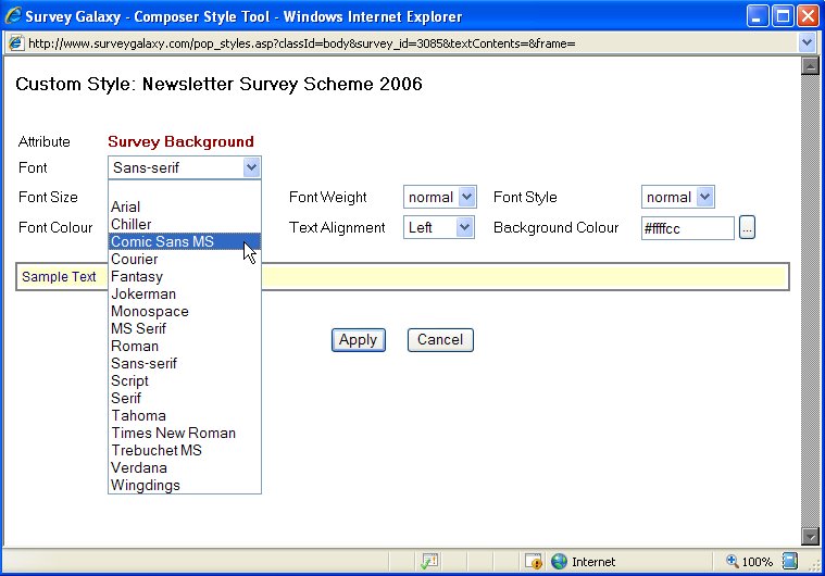 Survey default font list of available fonts display